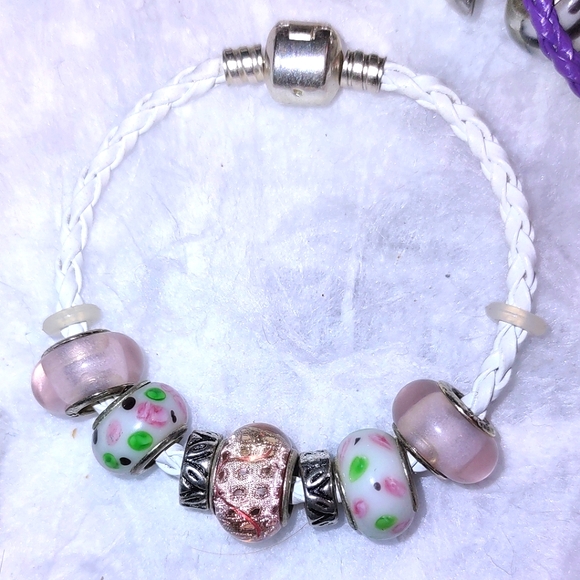 Glass Bead Braided Leatherette Pink & White Bracelet - clone listing - Picture 2 of 15